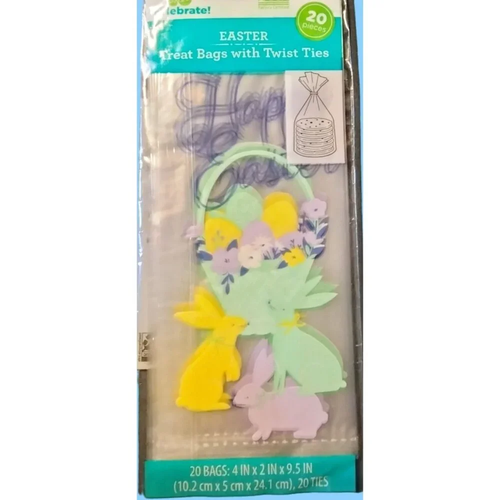 Happy Easter Treat Bags 20 Twist Ties Bunnies Rabbit Cookie Hunt Party